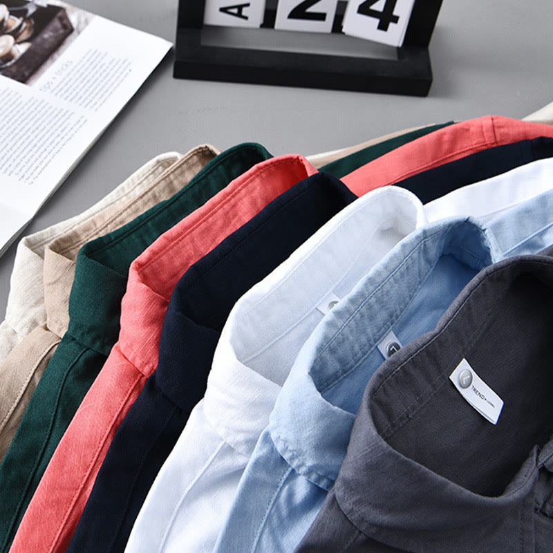 Men's Long Sleeve Turn-down Collar With Pocket Pure Color Comfortable Cotton Shirt