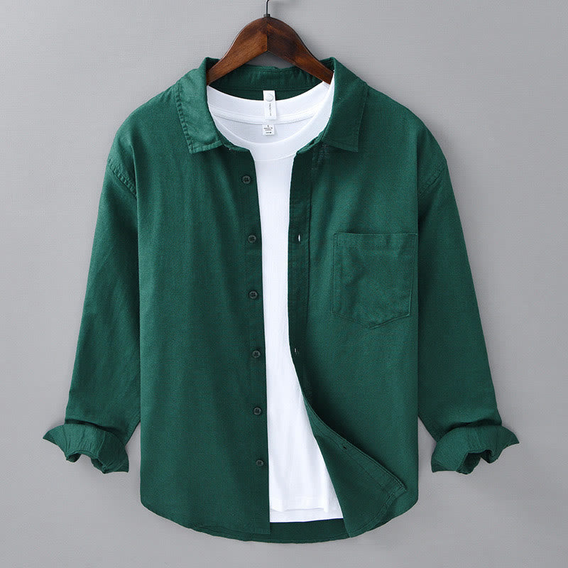 Men's Long Sleeve Turn-down Collar With Pocket Pure Color Comfortable Cotton Shirt