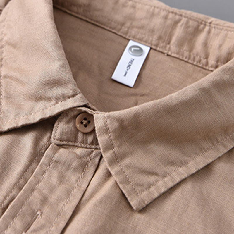 Men's Long Sleeve Turn-down Collar With Pocket Pure Color Comfortable Cotton Shirt