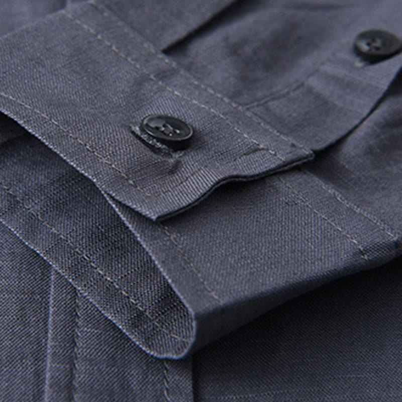 Men's Long Sleeve Turn-down Collar With Pocket Pure Color Comfortable Cotton Shirt