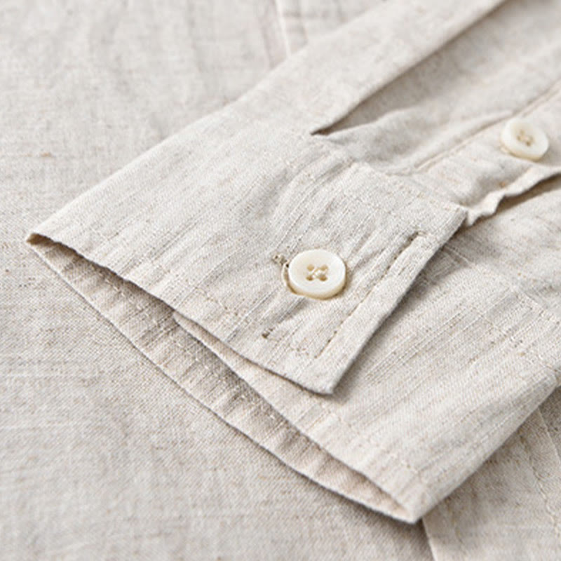 Men's Long Sleeve Turn-down Collar With Pocket Pure Color Comfortable Cotton Shirt