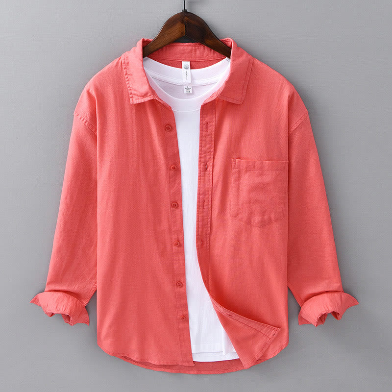 Men's Long Sleeve Turn-down Collar With Pocket Pure Color Comfortable Cotton Shirt