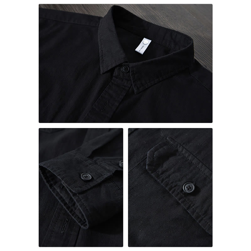 Men's Long Sleeve Turn-down Collar With Pocket Pure Color Casual Cotton Shirt