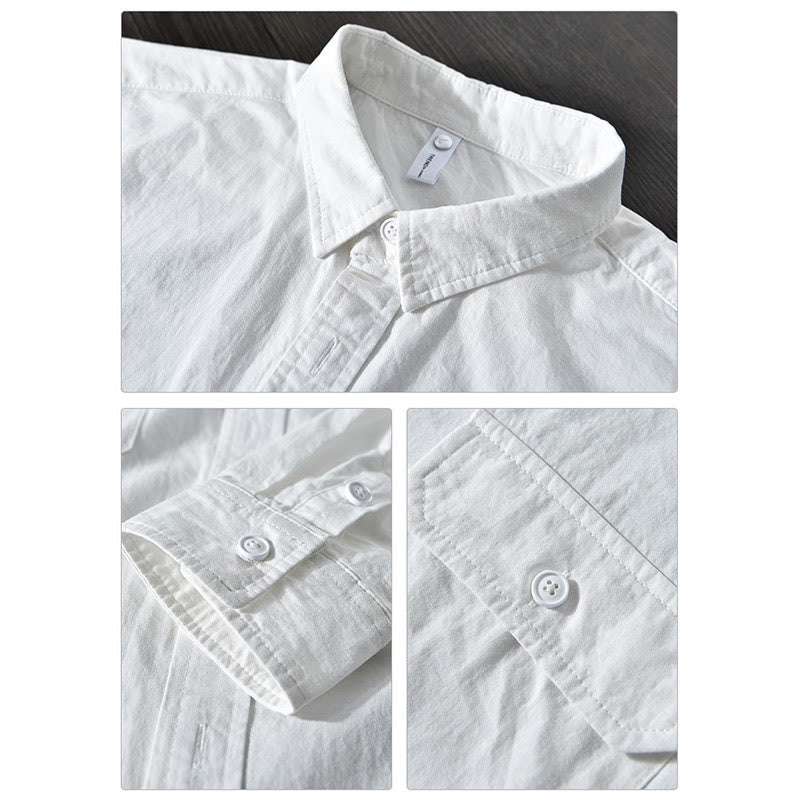 Men's Long Sleeve Turn-down Collar With Pocket Pure Color Casual Cotton Shirt