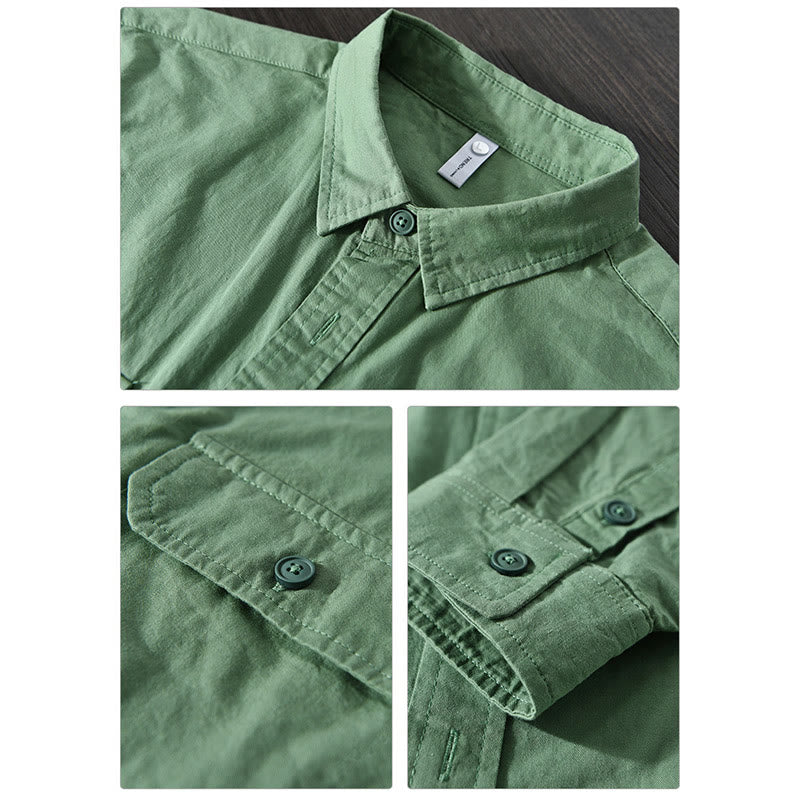 Men's Long Sleeve Turn-down Collar With Pocket Pure Color Casual Cotton Shirt