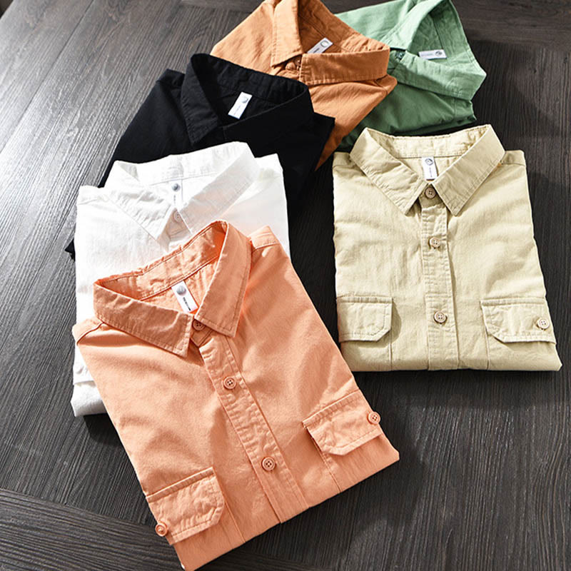 Men's Long Sleeve Turn-down Collar With Pocket Pure Color Casual Cotton Shirt