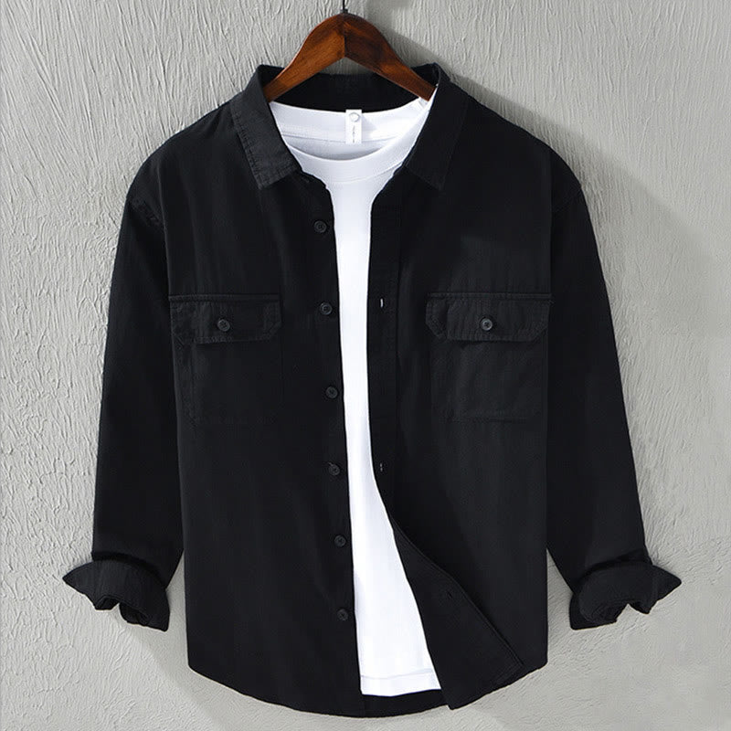 Men's Long Sleeve Turn-down Collar With Pocket Pure Color Casual Cotton Shirt