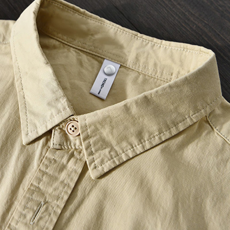 Men's Long Sleeve Turn-down Collar With Pocket Pure Color Casual Cotton Shirt