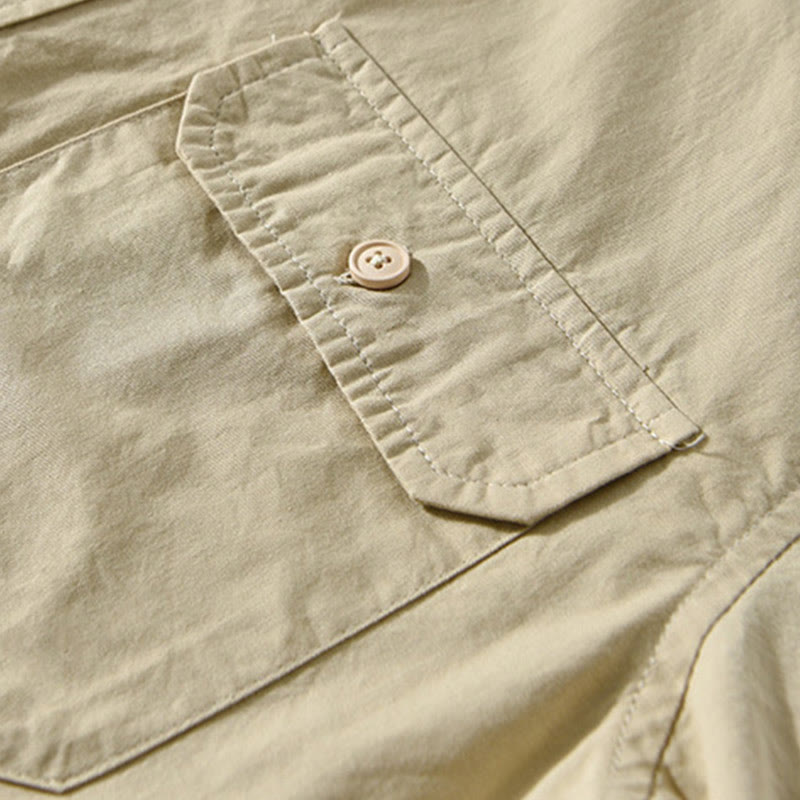 Men's Long Sleeve Turn-down Collar With Pocket Pure Color Casual Cotton Shirt