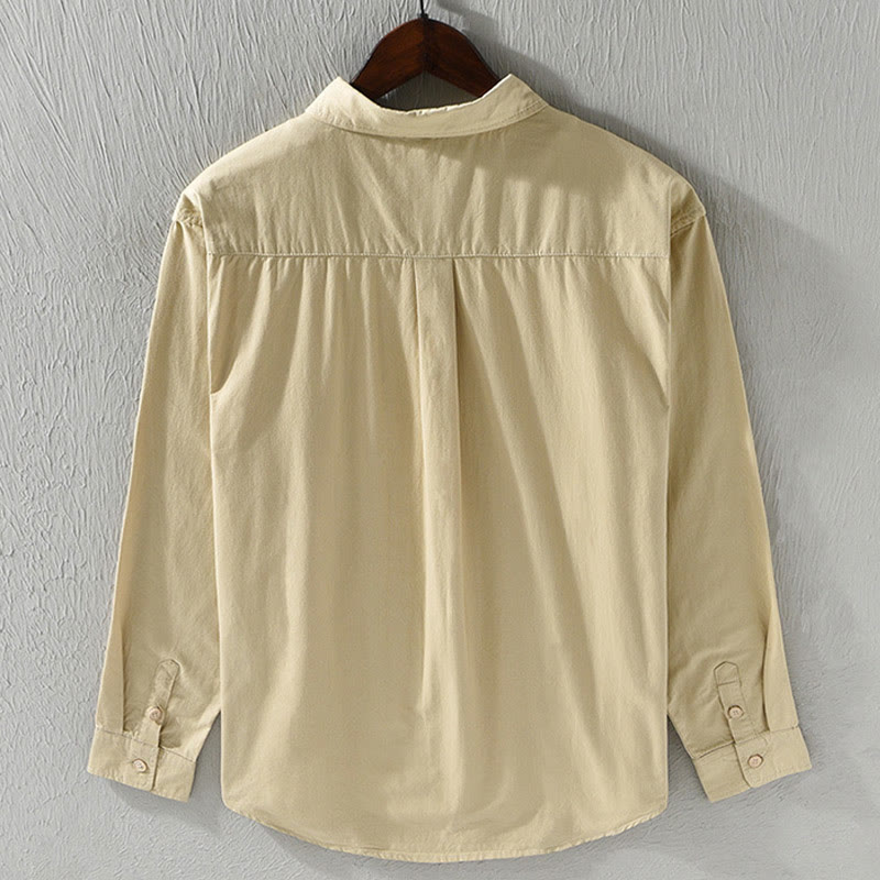 Men's Long Sleeve Turn-down Collar With Pocket Pure Color Casual Cotton Shirt