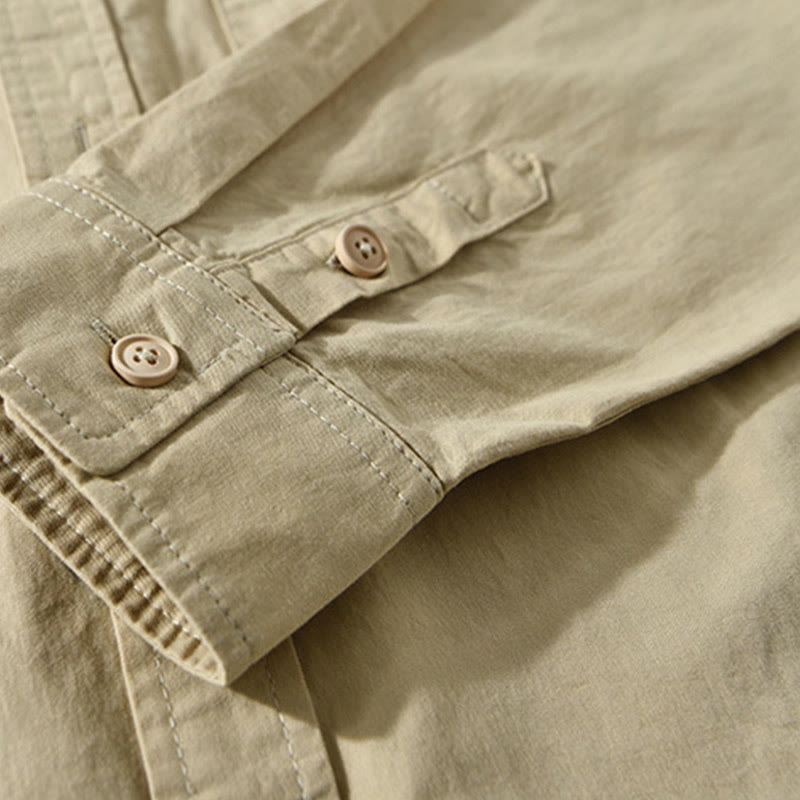 Men's Long Sleeve Turn-down Collar With Pocket Pure Color Casual Cotton Shirt