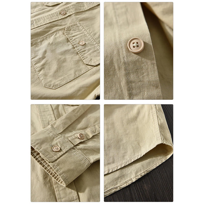 Men's Long Sleeve Turn-down Collar With Pocket Pure Color Casual Cotton Shirt