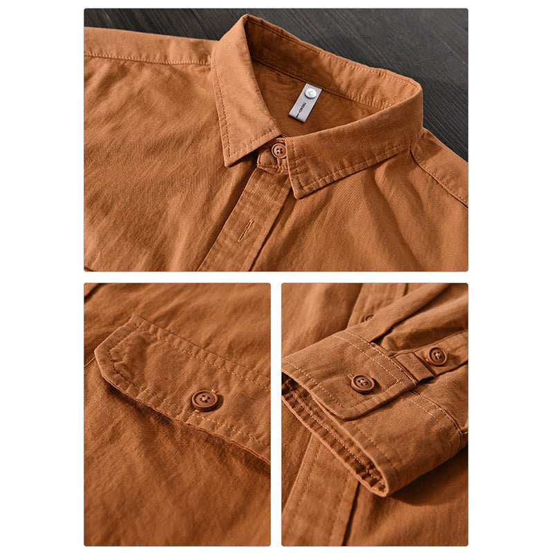 Men's Long Sleeve Turn-down Collar With Pocket Pure Color Casual Cotton Shirt