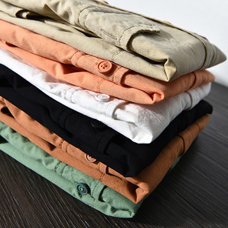 Men's Long Sleeve Turn-down Collar With Pocket Pure Color Casual Cotton Shirt