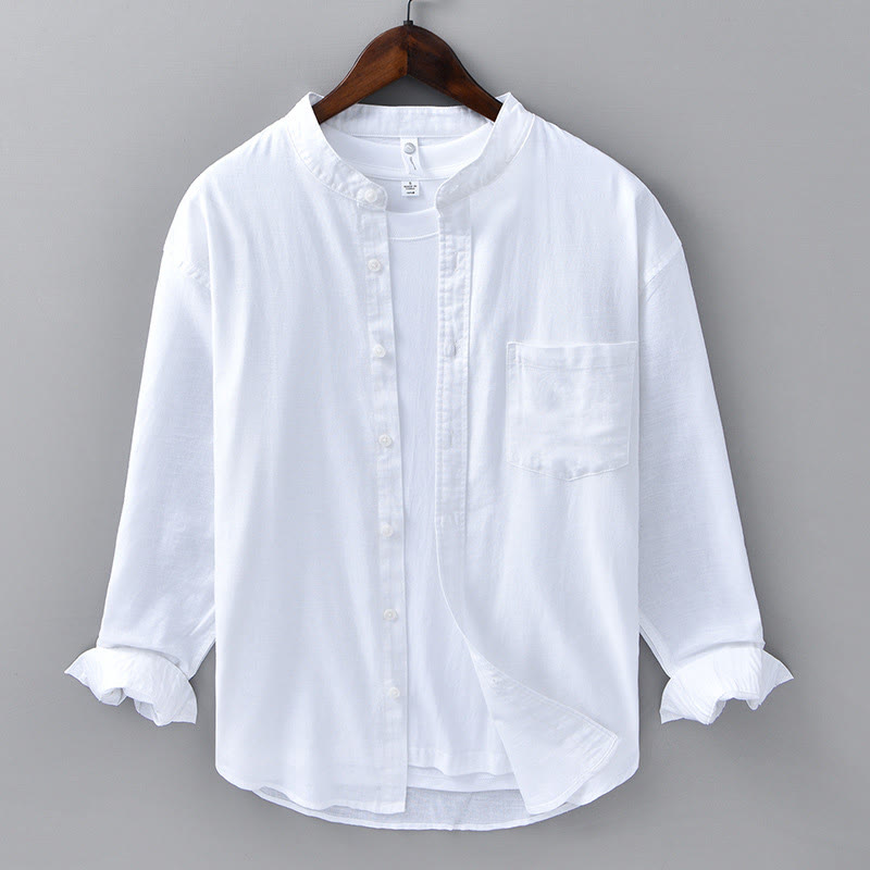 Men's Long Sleeve Stand Collar With Pocket Pure Color Casual Cotton Linen Shirt