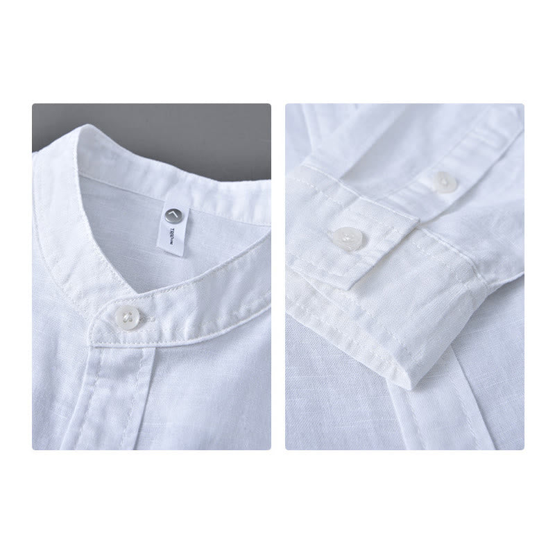 Men's Long Sleeve Stand Collar With Pocket Pure Color Casual Cotton Linen Shirt