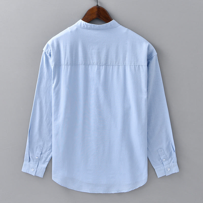 Men's Long Sleeve Stand Collar With Pocket Pure Color Casual Cotton Linen Shirt