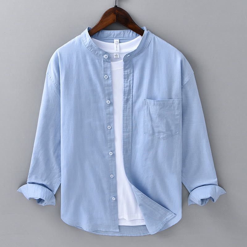 Men's Long Sleeve Stand Collar With Pocket Pure Color Casual Cotton Linen Shirt