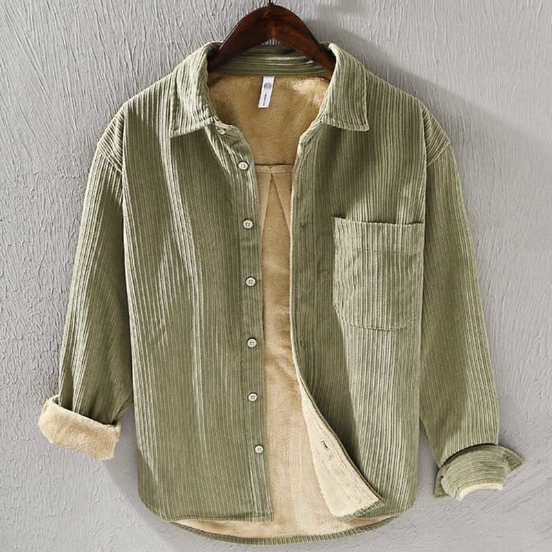 Men's Long Sleeve Fleece Lined With Pocket Corduroy Comfortable Shirt