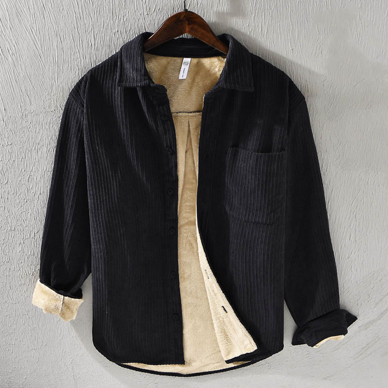 Men's Long Sleeve Fleece Lined With Pocket Corduroy Comfortable Shirt