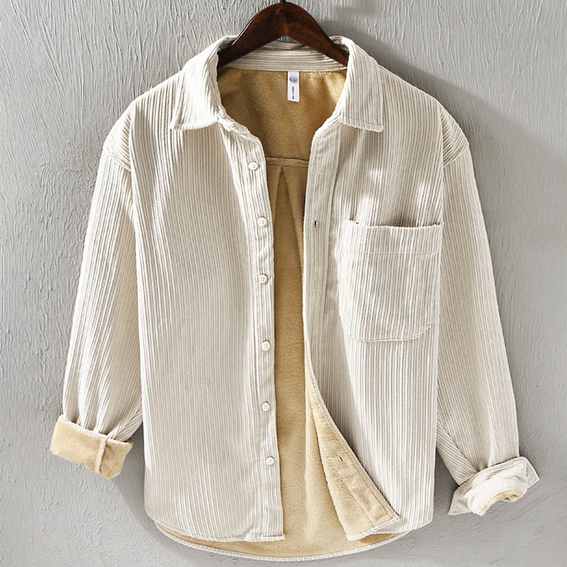 Men's Long Sleeve Fleece Lined With Pocket Corduroy Comfortable Shirt
