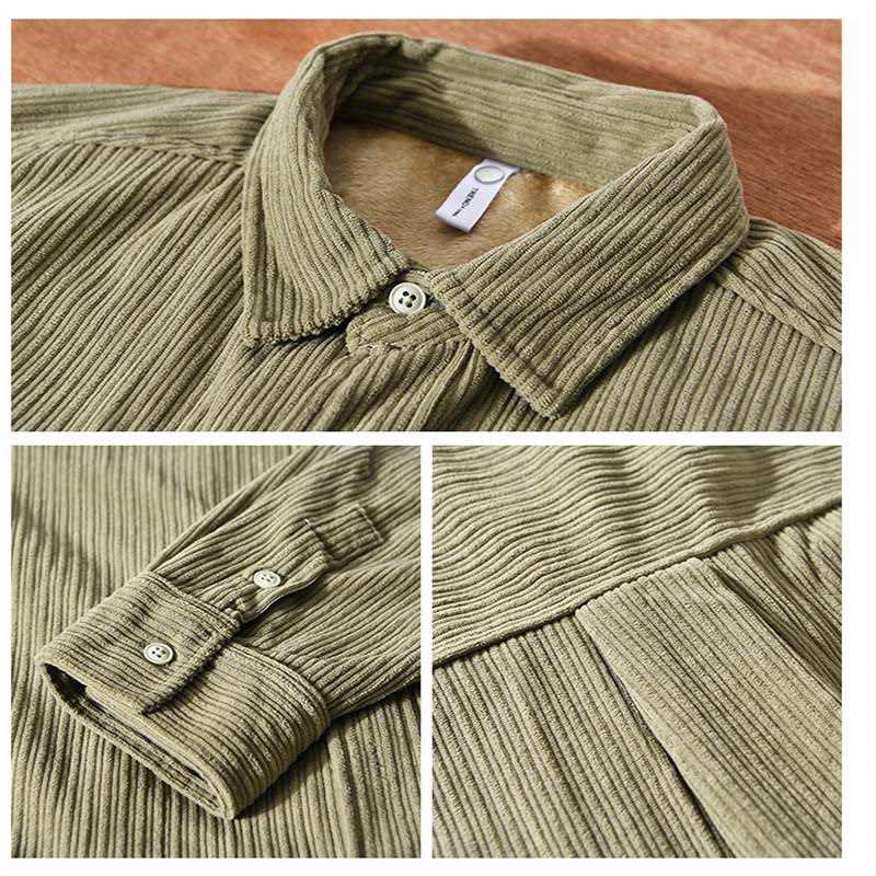 Men's Long Sleeve Fleece Lined With Pocket Corduroy Comfortable Shirt