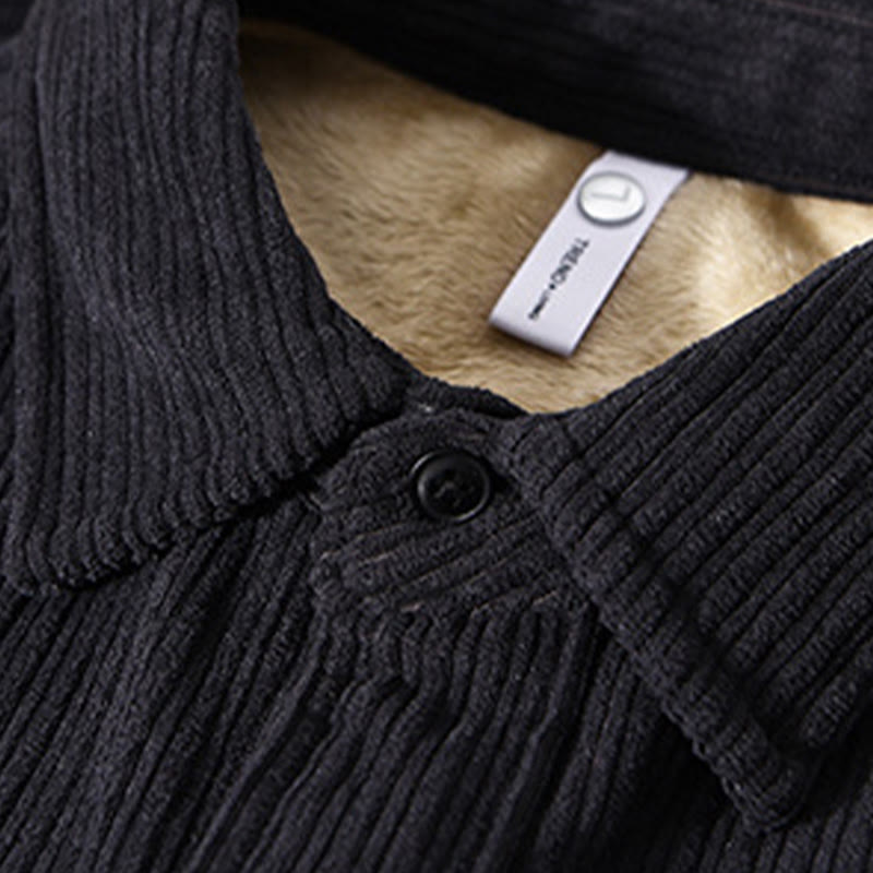Men's Long Sleeve Fleece Lined With Pocket Corduroy Comfortable Shirt