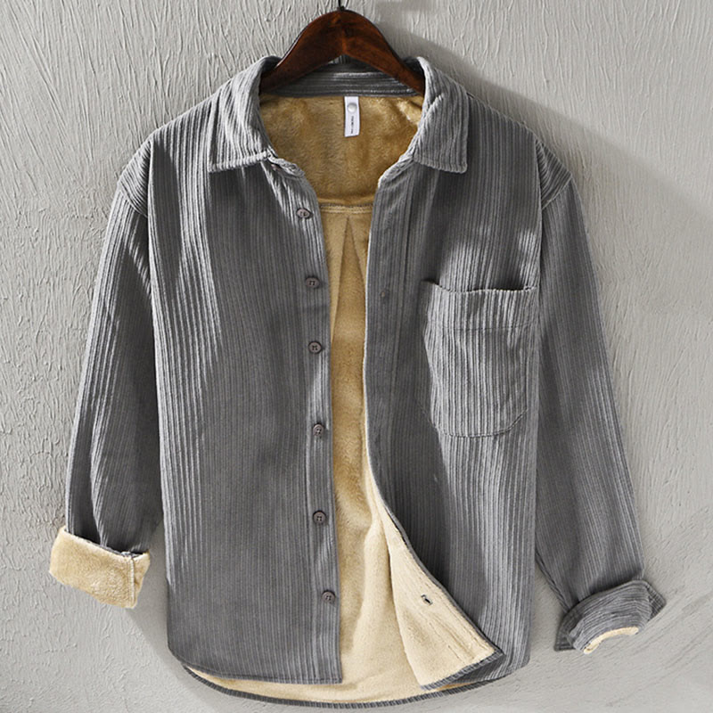 Men's Long Sleeve Fleece Lined With Pocket Corduroy Comfortable Shirt
