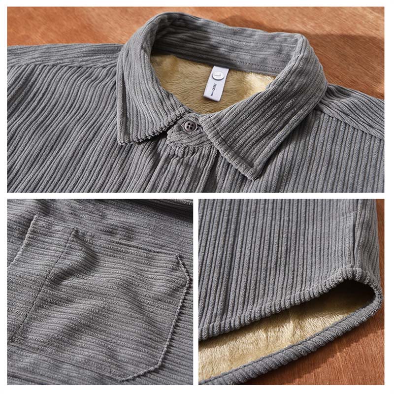 Men's Long Sleeve Fleece Lined With Pocket Corduroy Comfortable Shirt