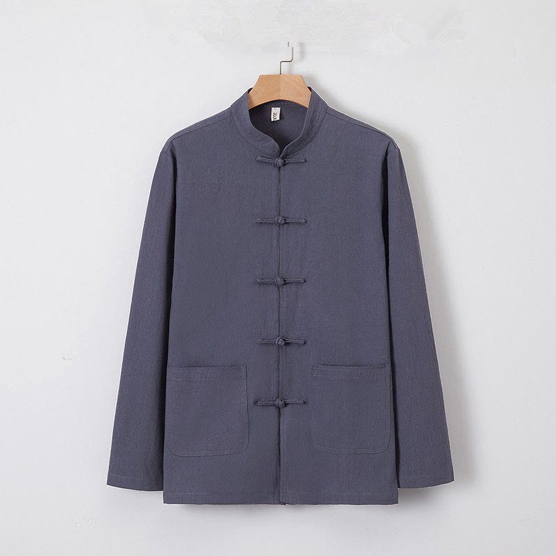 Men's Tang Long Sleeve Shirt Frog Button With Pocket Stand Collar Comfort Linen Shirt