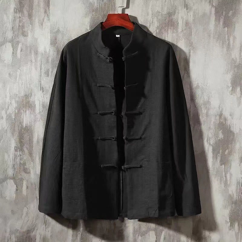 Men's Tang Long Sleeve Shirt Frog Button With Pocket Stand Collar Comfort Linen Shirt