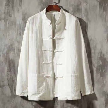 Men's Tang Long Sleeve Shirt Frog Button With Pocket Stand Collar Comfort Linen Shirt