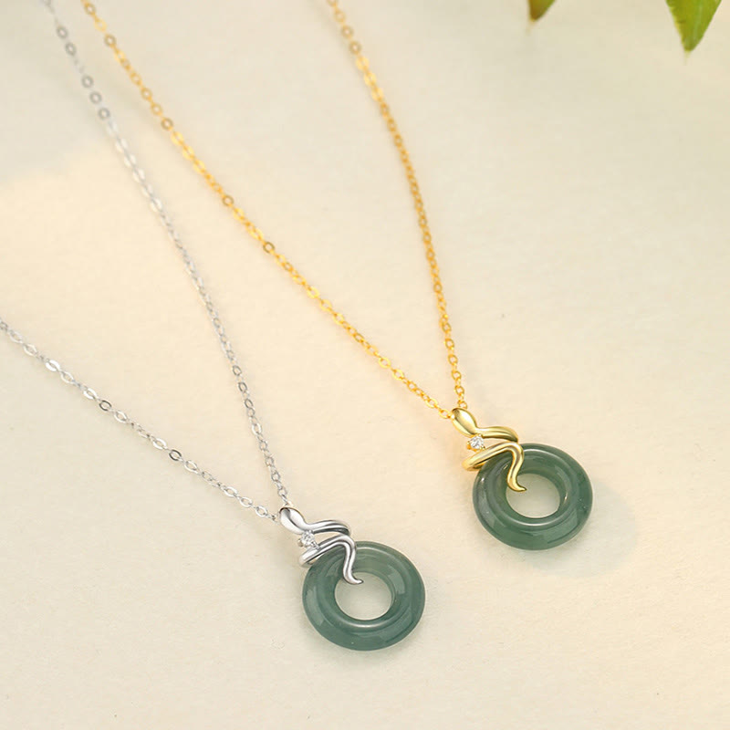 925 Sterling Silver 18K Gold Jade Peace Buckle Spirit Snake Peace Necklace Pendant