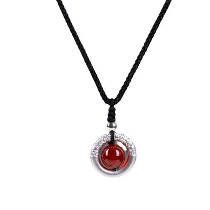 999 Sterling Silver Red Agate Peace Buckle Blessing Necklace Pendant