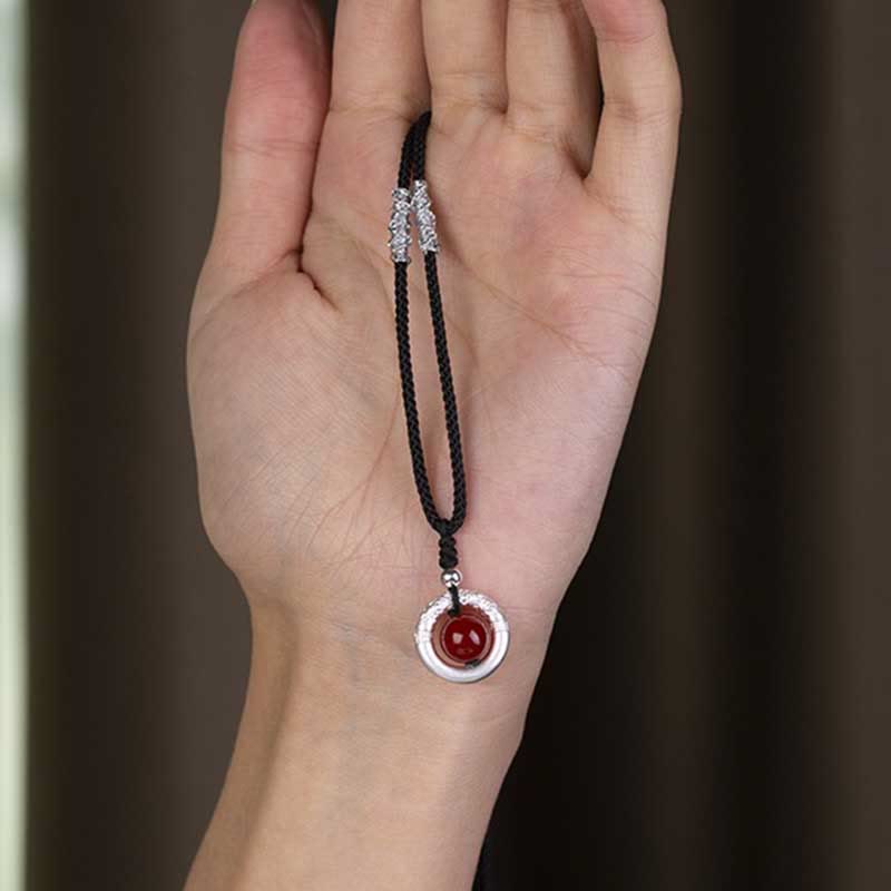 999 Sterling Silver Red Agate Peace Buckle Blessing Necklace Pendant