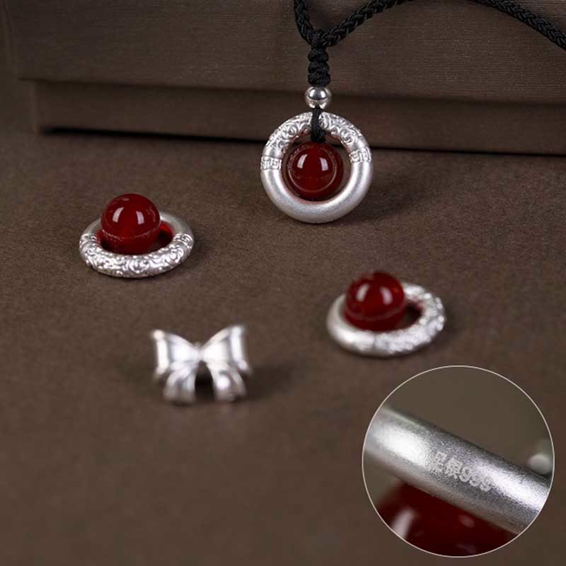 999 Sterling Silver Red Agate Peace Buckle Blessing Necklace Pendant