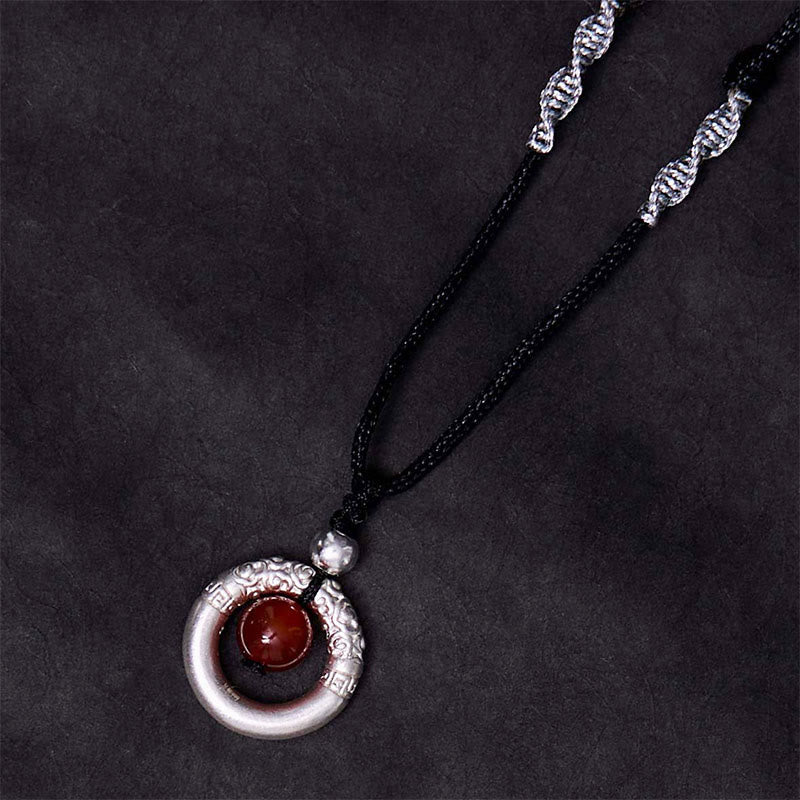 999 Sterling Silver Red Agate Peace Buckle Blessing Necklace Pendant
