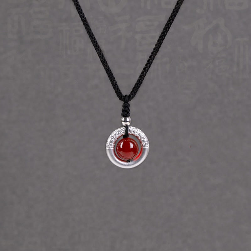 999 Sterling Silver Red Agate Peace Buckle Blessing Necklace Pendant