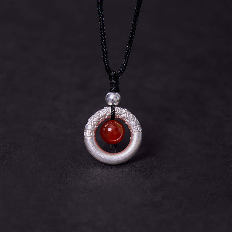 999 Sterling Silver Red Agate Peace Buckle Blessing Necklace Pendant