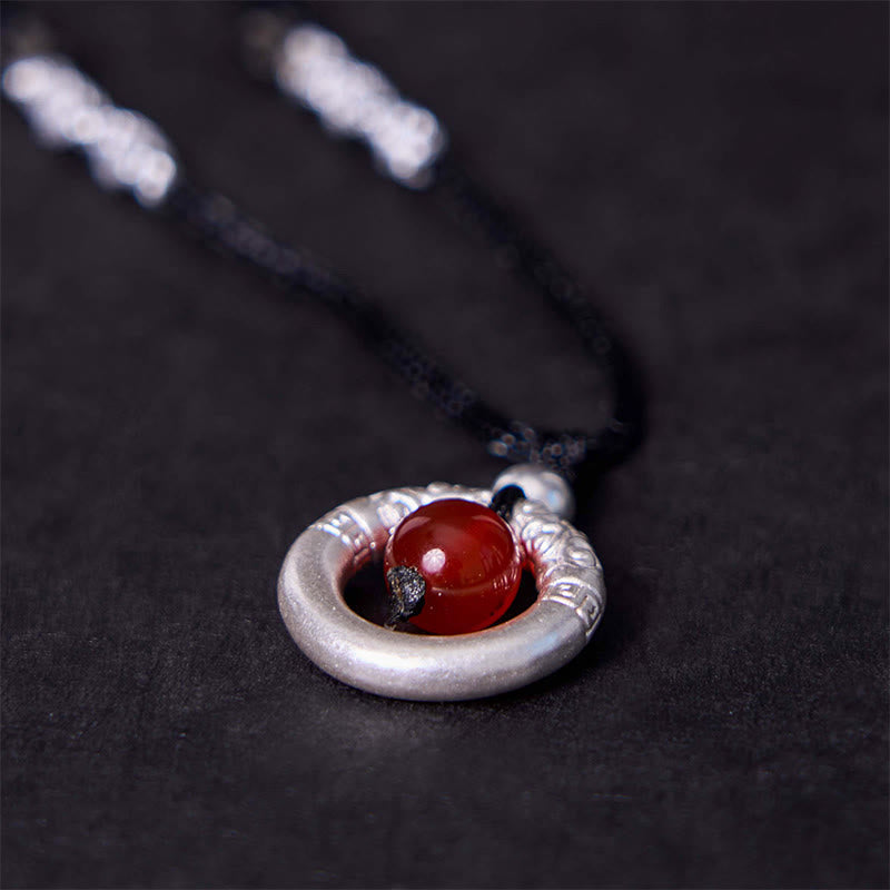 999 Sterling Silver Red Agate Peace Buckle Blessing Necklace Pendant