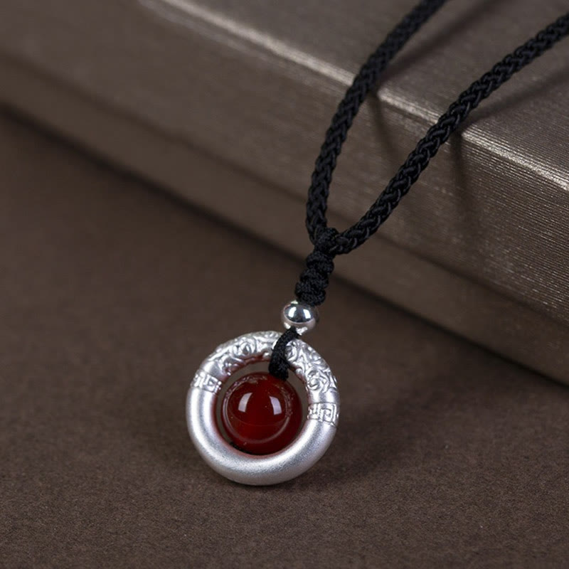 999 Sterling Silver Red Agate Peace Buckle Blessing Necklace Pendant