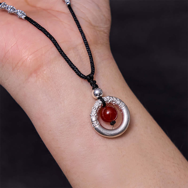 999 Sterling Silver Red Agate Peace Buckle Blessing Necklace Pendant