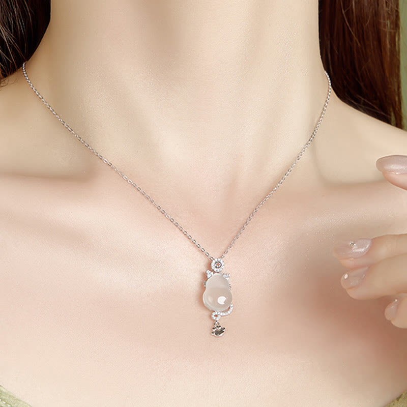 925 Sterling Silver Plated 14k Gold White Jade Gourd Cat Protection Necklace Pendant