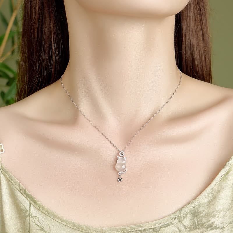 925 Sterling Silver Plated 14k Gold White Jade Gourd Cat Protection Necklace Pendant
