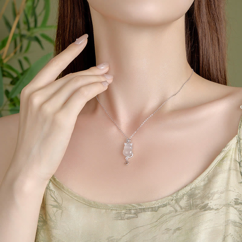 925 Sterling Silver Plated 14k Gold White Jade Gourd Cat Protection Necklace Pendant
