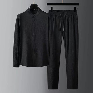 Pure Color Long Sleeve Top Pants Clothing Men's Set