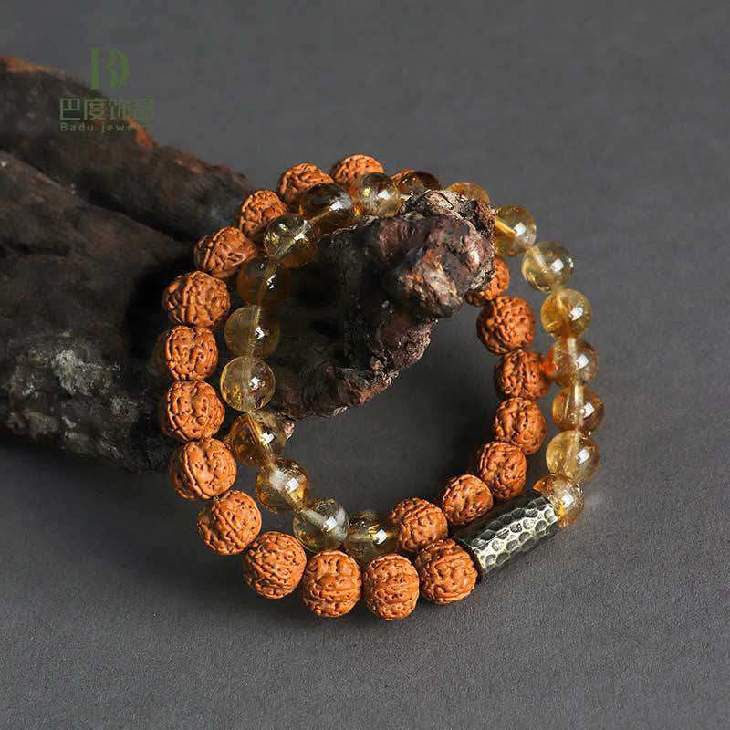 Natural Citrine & Botanical Seed Double Wrap Beaded Bracelet