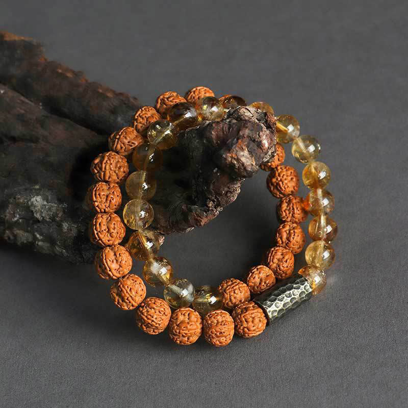 Natural Citrine & Botanical Seed Double Wrap Beaded Bracelet