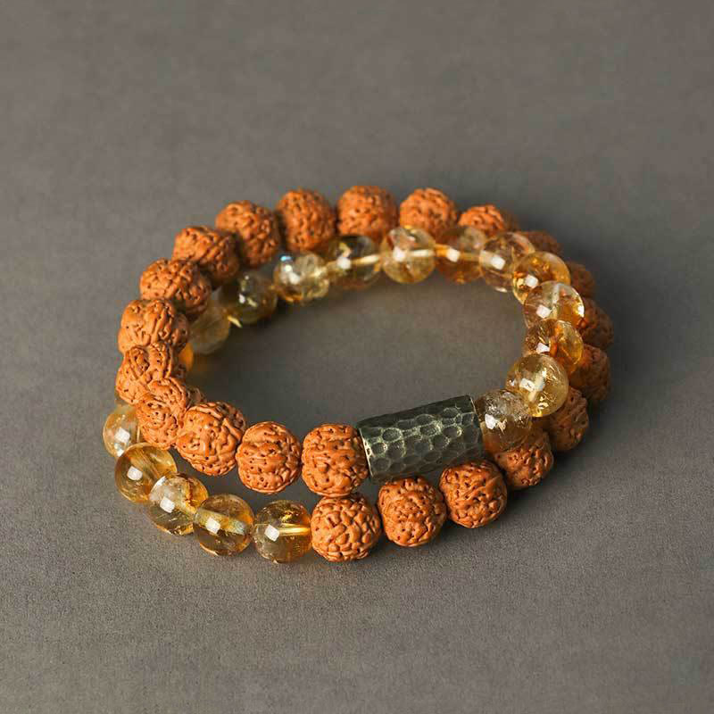 Natural Citrine & Botanical Seed Double Wrap Beaded Bracelet