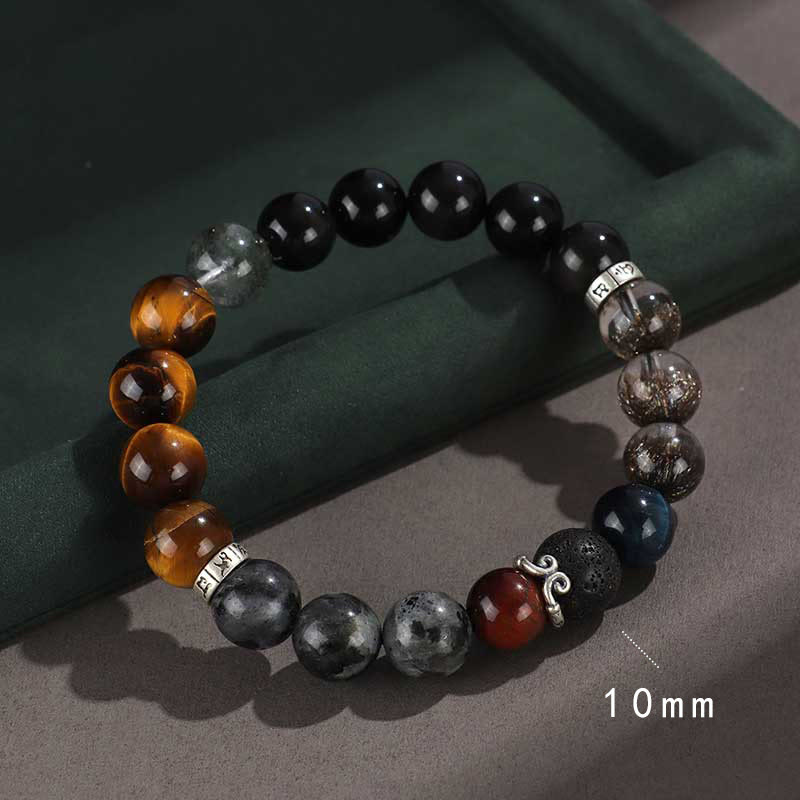 925 Sterling Silver Om Mani Padme Hum Gold Sheen Obsidian Multi-Stone Bracelet
